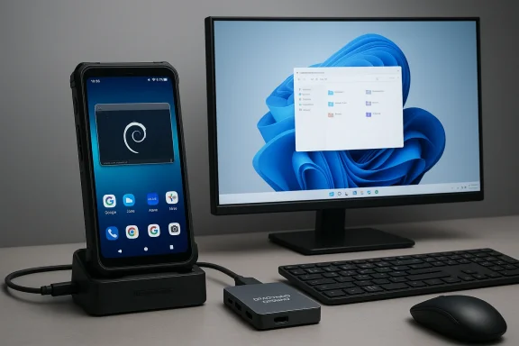 Phone on a docking station beside a Windows PC monitor, keyboard, and mouse.