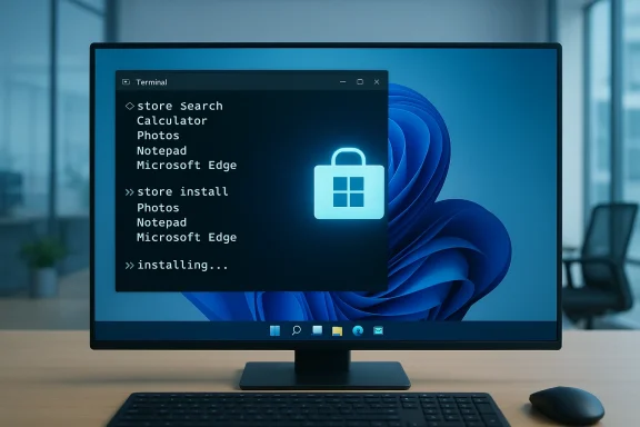 A Windows 11 desktop shows a terminal-style installer listing apps with a glowing lock icon.