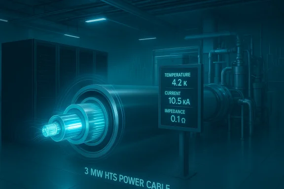 Lab scene of a 3 MW HTS superconducting power cable with a cryogenic readout panel.