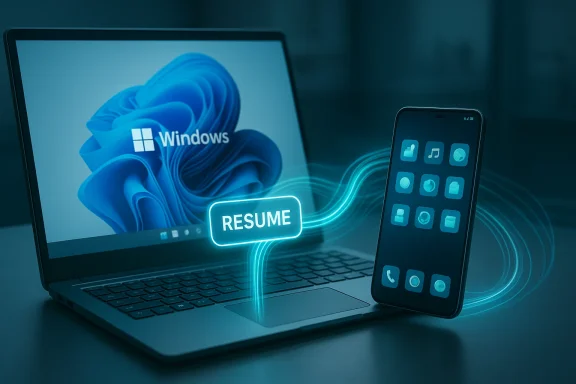 Windows laptop with a glowing RESUME button connected to a smartphone.