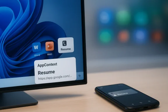A monitor displays Word, Web, and Resume icons with a large Resume card on screen, while a smartphone rests nearby.