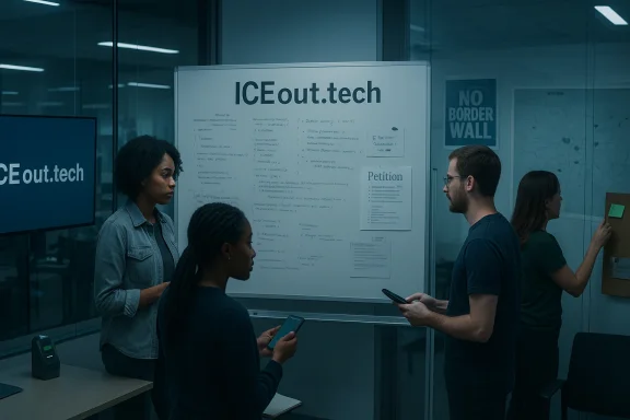 Team collaborates around an ICEout.tech whiteboard in a glass-walled office.