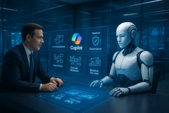 A suited businessman and a humanoid robot review Copilot on a holographic data dashboard.