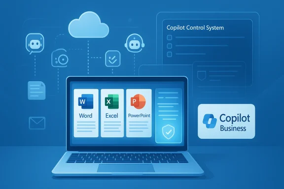 Blue illustration of a laptop displaying Word, Excel, and PowerPoint with Copilot Business cloud control.