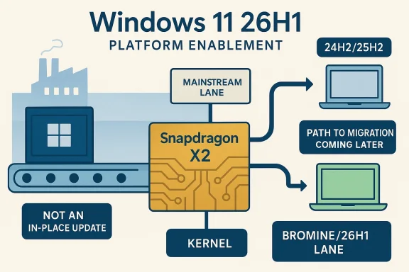 Windows 11 26H1 platform enablement with Snapdragon X2 guiding kernel and migration lanes. Windows 11 26H1 platform enablement with Snapdragon X2 guiding kernel and migration lanes.