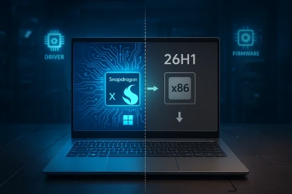 Split-screen laptop showing Snapdragon ARM-to-x86 emulation (26H1). Split-screen laptop showing Snapdragon ARM-to-x86 emulation (26H1).