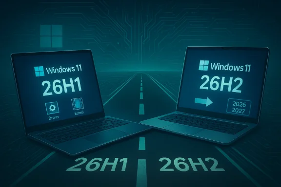 Two Windows 11 laptops display 26H1 and 26H2 on a neon road. Two Windows 11 laptops display 26H1 and 26H2 on a neon road.