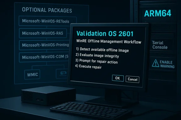 Monitor shows 'Validation OS 2601' WinRE Offline Management Workflow with steps and OK/Cancel.