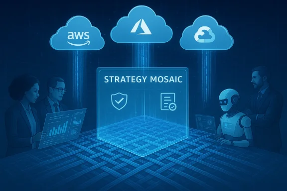 Human team and a robot review a blue Strategy Mosaic for cloud platforms like AWS and Azure.