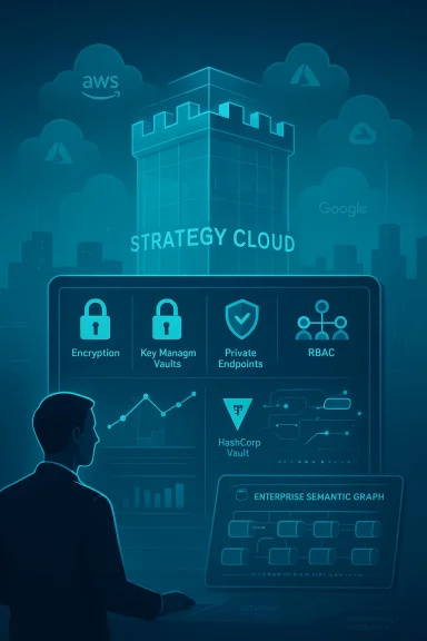 A person stands before a 'Strategy Cloud' security dashboard showing encryption, vaults, and RBAC.