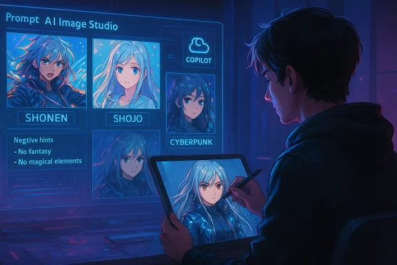 A digital artist sketches anime portraits on a tablet inside a neon-lit AI image studio.