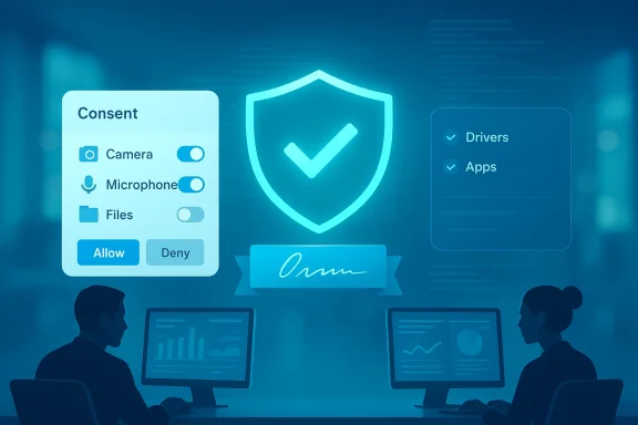 Futuristic security dashboard with consent toggles, a shield, and analysts at desks.