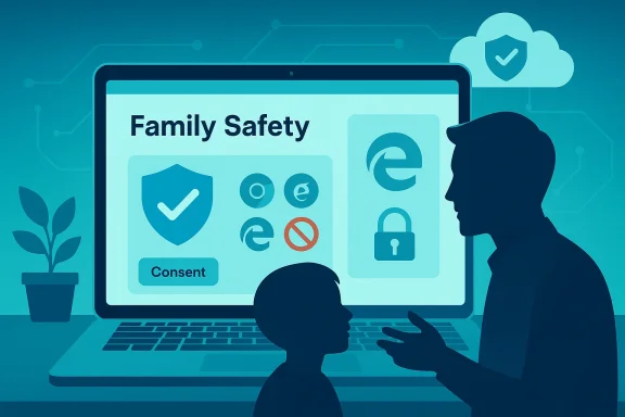 Parent guides child through family safety and online consent on a laptop.