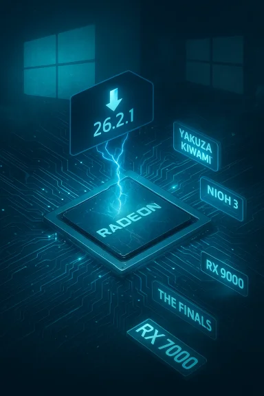 A glowing Radeon GPU chip with floating game title cards in a neon blue tech scene.