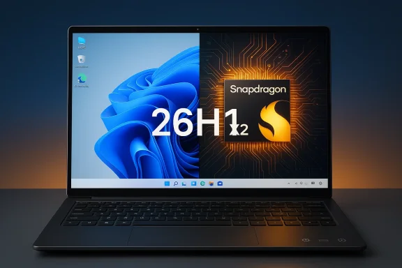 Thin laptop showing Windows 11 on the left and a Snapdragon chip graphic on the right.