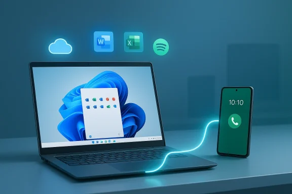 Laptop and smartphone connected by a glowing line, with cloud and app icons floating above.
