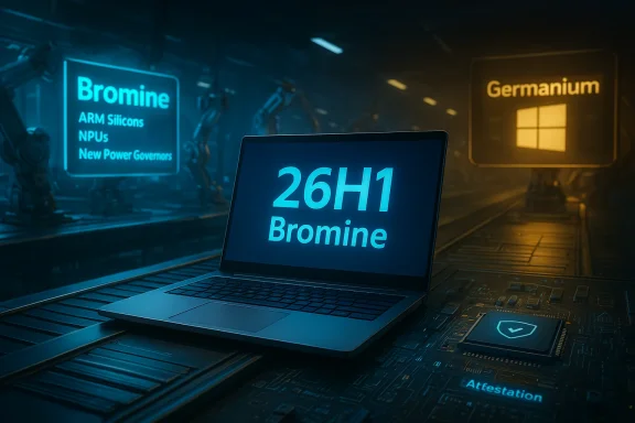 Futuristic chip factory with neon Bromine and Germanium signs, laptop displaying 26H1 Bromine.