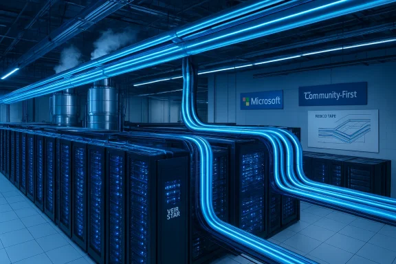 Blue-lit data center with rows of glowing server racks and prominent Microsoft and Community-First signs.