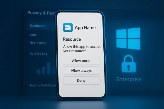 Phone screen displaying a resource permission prompt with blurred privacy settings in the background.