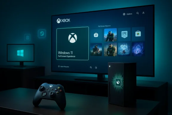 Xbox gaming setup with Windows 11 on a large screen, a console, and a controller under teal ambient lighting. Xbox gaming setup with Windows 11 on a large screen, a console, and a controller under teal ambient lighting.