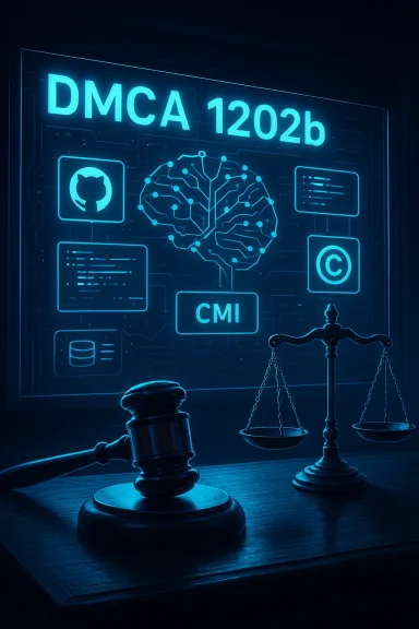 Neon blue DMCA 1202b display with a brain circuit, copyright mark, and legal scales with a gavel.