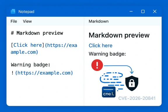 Notepad split view: left Markdown source, right preview with a security warning (CVE-2026-20841). Notepad split view: left Markdown source, right preview with a security warning (CVE-2026-20841).