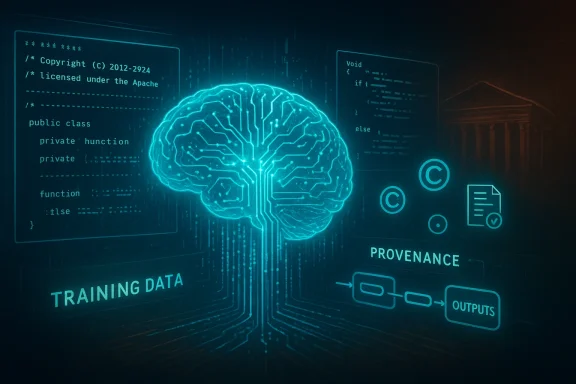 A glowing brain with circuit-like connections floats amid code, data and provenance icons.