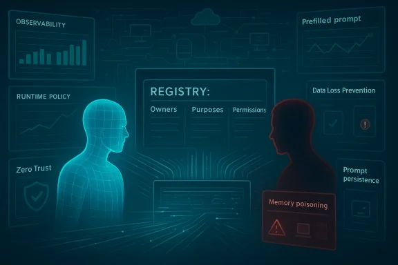 Two translucent figures stand before a central Registry panel among cyber-security dashboards.