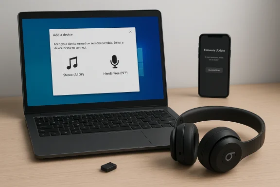 Laptop shows a Bluetooth pairing prompt beside wireless headphones and a smartphone.