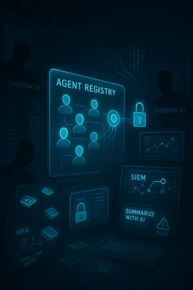 Blue neon AI interface showing an Agent Registry with avatars and charts.