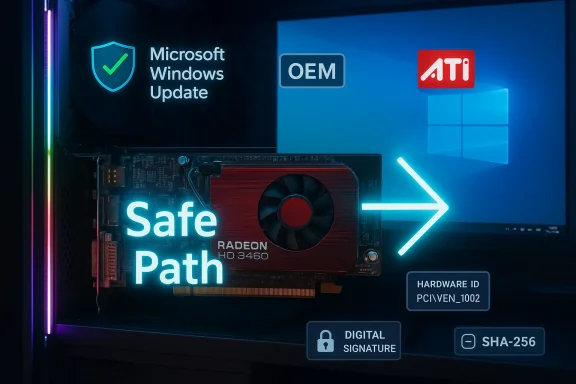 A Radeon GPU glows under neon “Safe Path” with Windows Update and OEM/ATI branding.