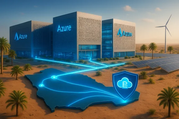 Azure data center in a desert, with solar panels, a wind turbine, and glowing blue network lines on a map.