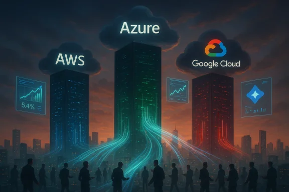 People in a city connect to AWS, Azure, and Google Cloud, with glowing data streams.