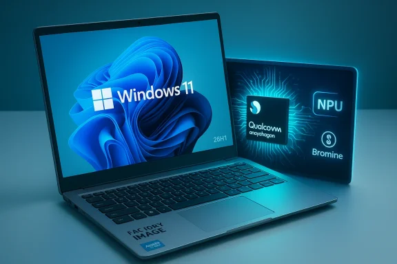 Windows 11 laptop beside a glowing AI chip panel with NPU and Qualcomm.