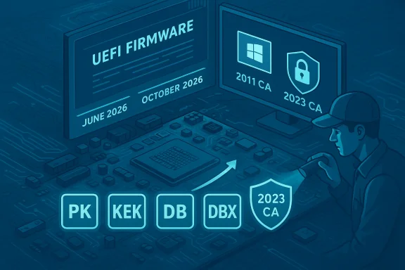 Technician analyzes a circuit-board showing UEFI firmware and security keys PK KEK DB DBX.