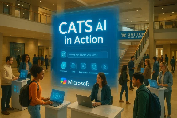 A glowing blue sign reads 'CATS AI in Action' at a campus Microsoft AI event.