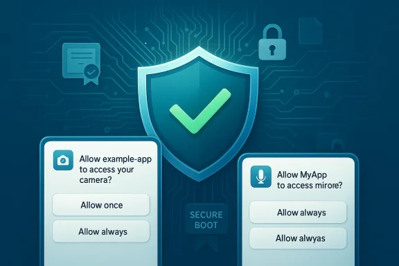 Digital security illustration featuring a shield with a checkmark and app permission prompts.