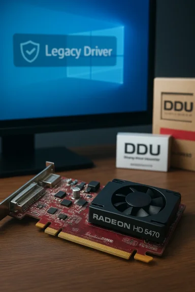 Radeon HD 5470 GPU on a desk, beside DDU boxes and a monitor displaying “Legacy Driver.”