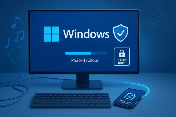 Windows phased rollout status displayed on a monitor with a secure-boot badge in a blue desk setup. Windows phased rollout status displayed on a monitor with a secure-boot badge in a blue desk setup.