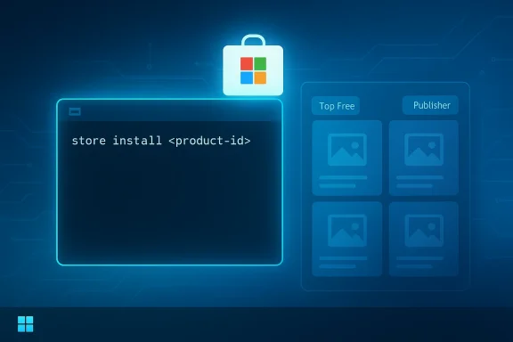 Futuristic blue UI showing 'store install <product-id>' beside an app-store layout.