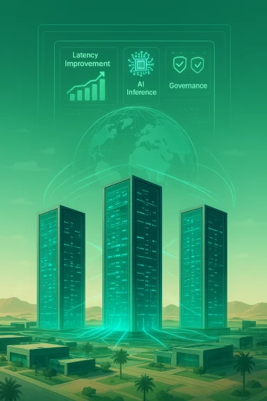 Futuristic glass towers linked by neon lines with AI, latency, and governance icons.