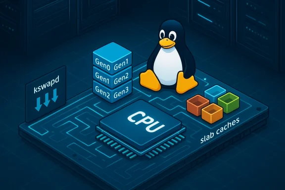 Linux penguin sits beside a CPU chip and slab caches on a futuristic server motherboard.