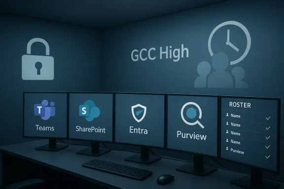 GCC High security desk with four monitors displaying Teams, SharePoint, Entra and Purview. GCC High security desk with four monitors displaying Teams, SharePoint, Entra and Purview.
