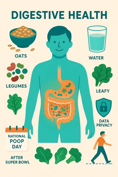 Digestive health infographic showing gut anatomy and foods like oats, legumes, greens, and water.