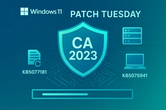 Windows 11 Patch Tuesday shows CA 2023 shield with updates KB5077181 and KB5075941. Windows 11 Patch Tuesday shows CA 2023 shield with updates KB5077181 and KB5075941.