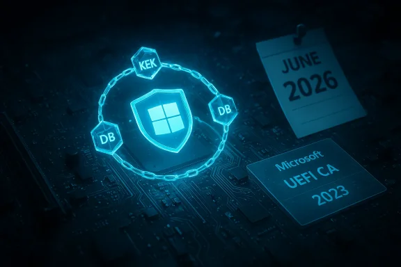 Glowing Windows security shield with KEK and DB icons on a circuit board.