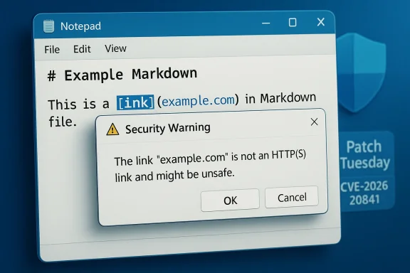 Notepad window with Markdown sample and a security warning about a non-HTTPS link. Notepad window with Markdown sample and a security warning about a non-HTTPS link.