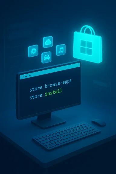 A neon blue workstation displays app-store icons and code to browse and install apps.