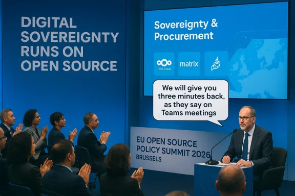 EU Open Source Policy Summit 2026 in Brussels, speaker at a podium as the audience applauds.