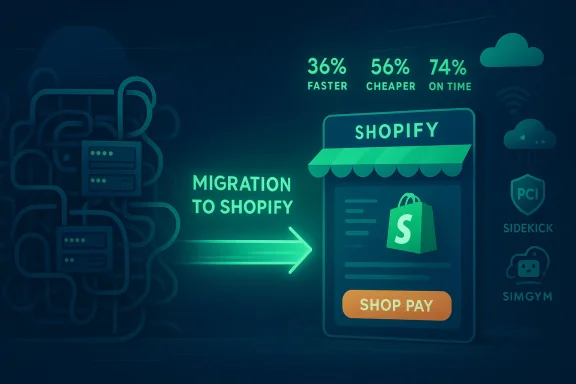 Neon infographic illustrating migration to Shopify with faster, cheaper, on-time benefits.